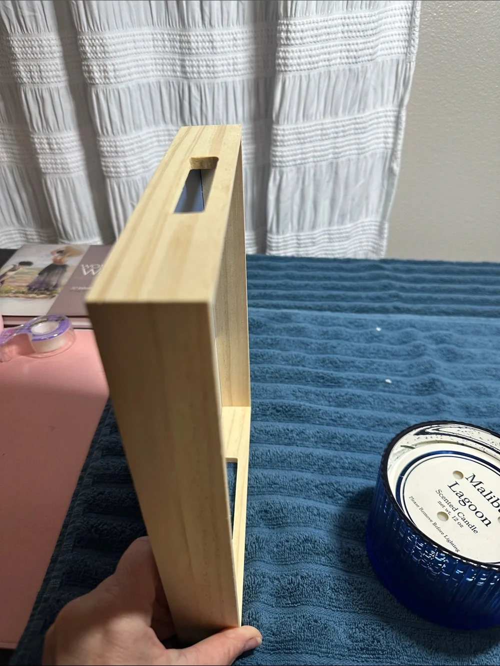 Coffee Cup Decorative Serving Tray with Wood Frame -& Blue Candle NWT